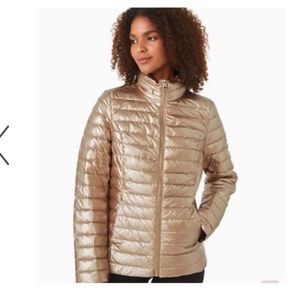 KATE SPADE metallic pink/rose gold packable puffer coat